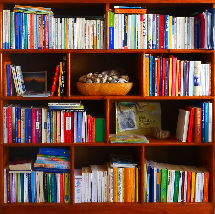 Bookshelf with various language books
